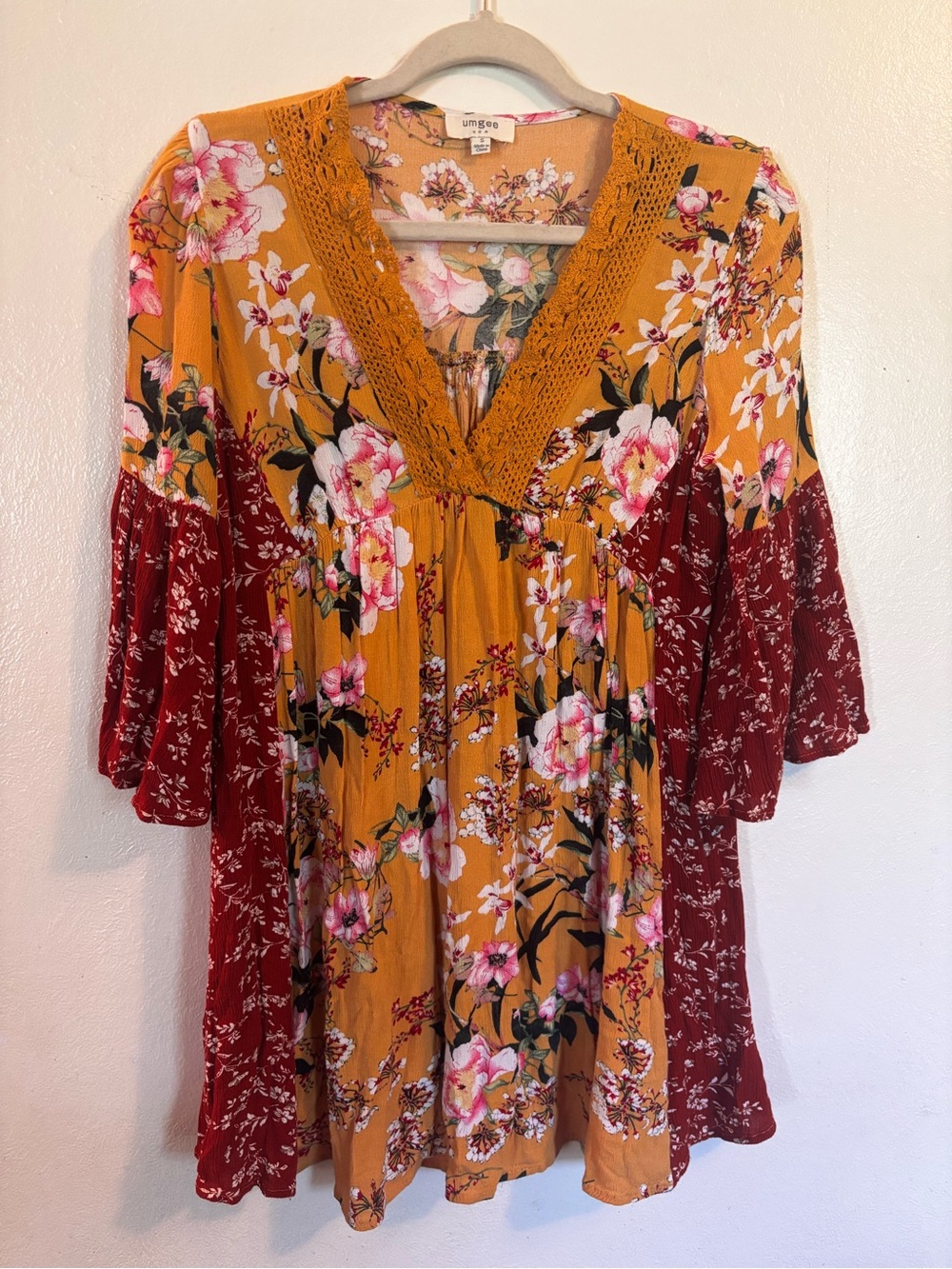 Umgee Mustard and Maroon Floral Crochet V-Neck Tunic - Picture 1 of 10